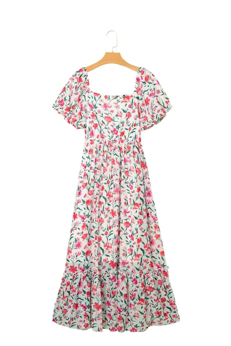 Pink Floral Puff Sleeve Square Neck Empire Waist Maxi Dress - Love Salve